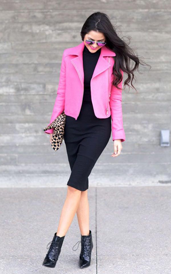 ярко-розовая куртка и черное обтягивающее платье